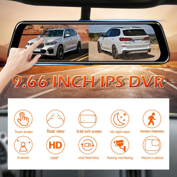 9.66 Inch Full Touch Screen Mirror Dash Cam Dual lens 1080P Front and Rear View Recording Stream Media Car Camera